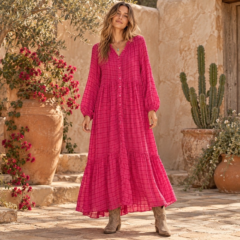 Free People Pink Plaid Tiered Maxi Dress Small Button Front Ruffle Boho